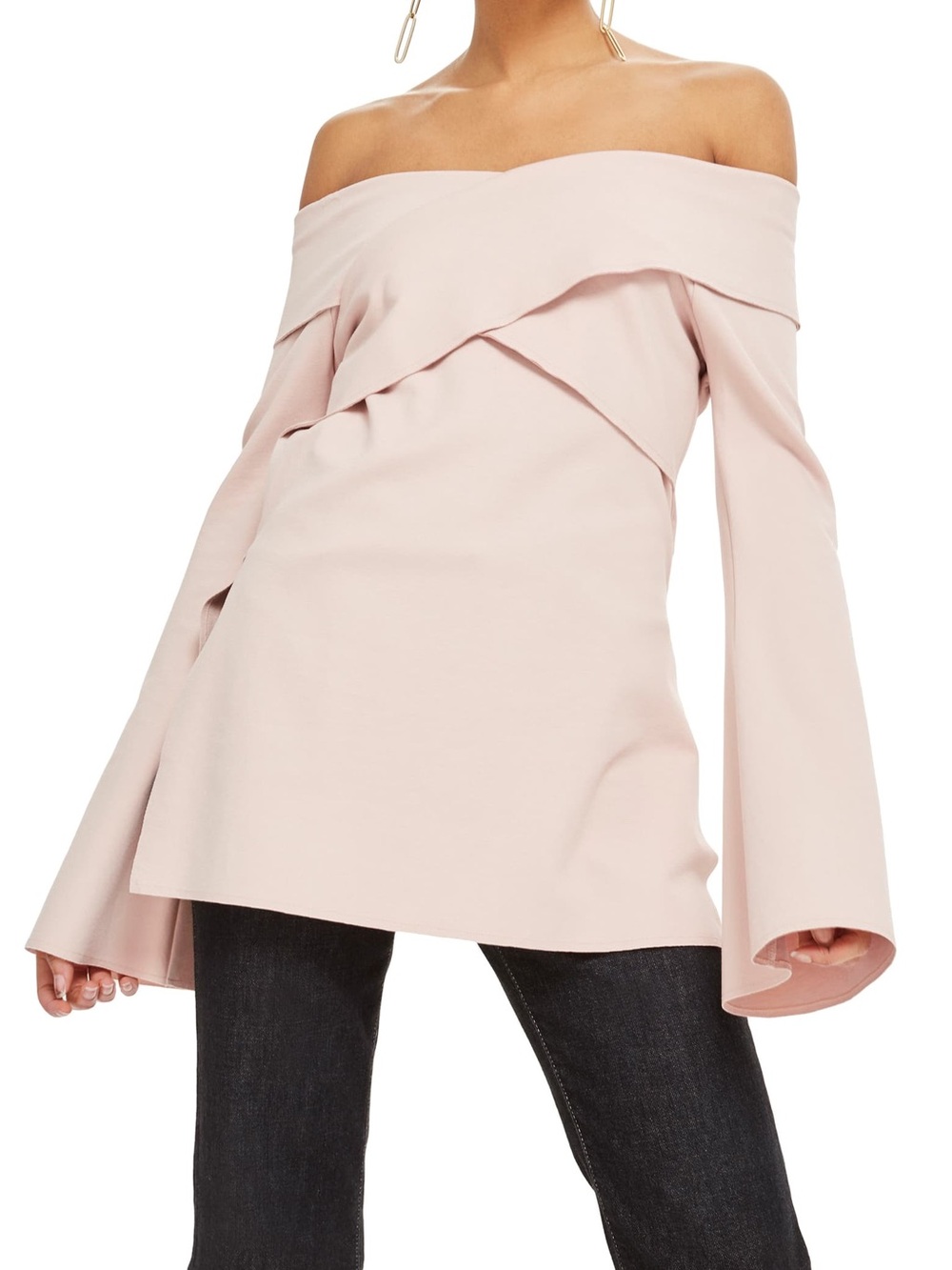 Topshop Off the Shoulder Tunic Blush Pink Bell Sleeve Boho Spring Romantic Flirt